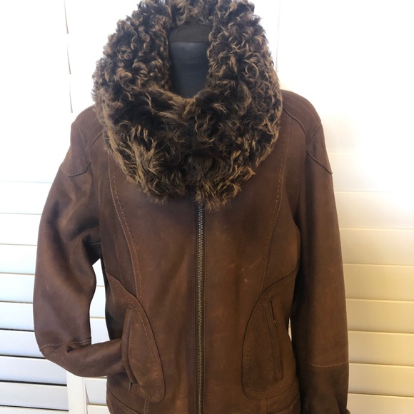 Chocolate Brown short SHEARLING LEATHER COAT - Fits sizes 7-9 - Picture 2 of 7